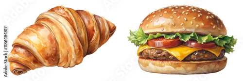 Delicious croissant, classic hamburger, food illustration, watercolor style, culinary art, breakfast and lunch, appetizing visuals.