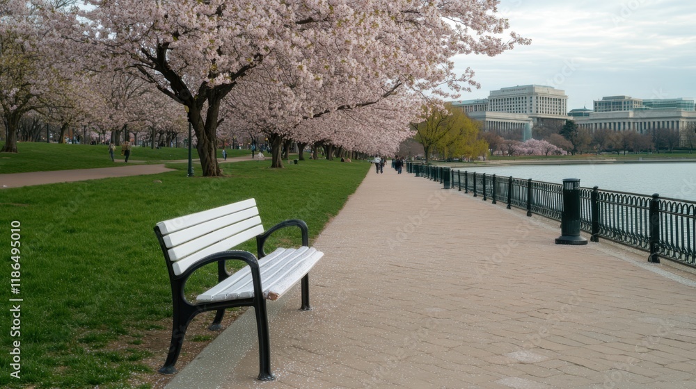 A serene pathway lined with blossoming cherry trees invites a peaceful springtime walk in the park. A serene pathway lined with blossoming cherry trees invites a peaceful springtime walk in the park.