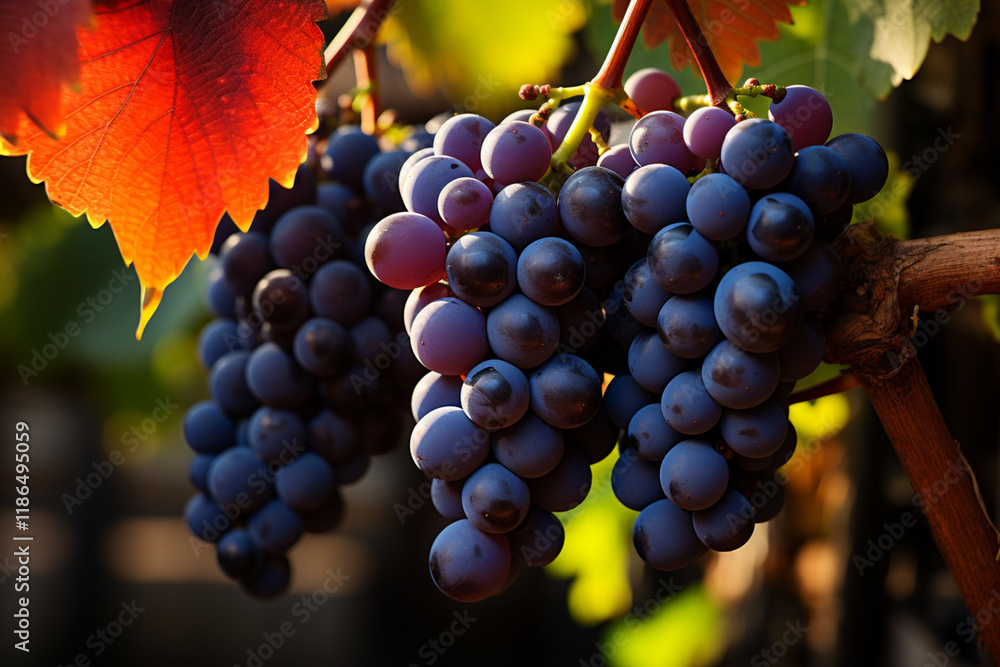 Fototapeta premium Blue grapes cluster on vine with copy-space against sunlight,. Generative AI