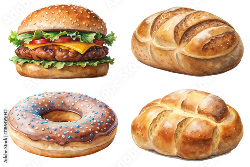 Delicious burger with cheese, fresh lettuce, soft bread, sweet donut with sprinkles, artisanal bread, baked goods.