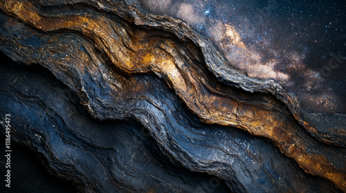 Layers of textured rock with cosmic starry background