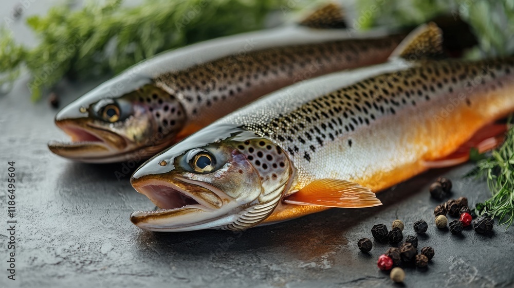 Freshly caught trout laid on a dark surface surrounded by herbs and spices ready for preparation Freshly caught trout laid on a dark surface surrounded by herbs and spices ready for preparation