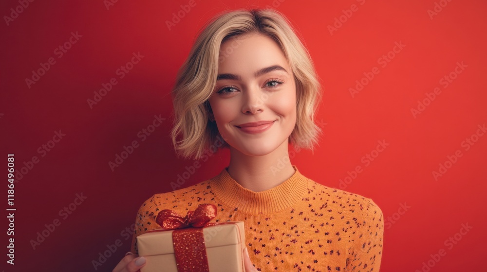 Gift Giving Bliss: A young woman with blonde, wavy hair smiles radiantly, holding a beautifully wrapped gift box against a vibrant red background. Her joy is contagious. Gift Giving Bliss: A young woman with blonde, wavy hair smiles radiantly, holding a beautifully wrapped gift box against a vibrant red background. Her joy is contagious.