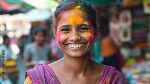 Woman celebrating Holi festival with vibrant colors on her face in a lively market full of people in daytime photo