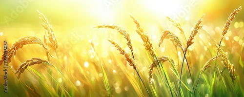 rice, agriculture, golden ears of rice, sunlit, plant growth, green background, nature, harvest time, organic cultivation, farm life Close up of golden rice ears glimmering in sunlight against