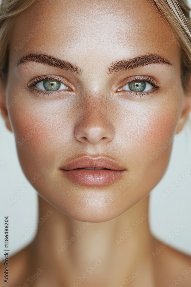 Obraz premium Beautiful woman with striking green eyes and flawless skin showcases natural beauty against a soft neutral background for a portrait session