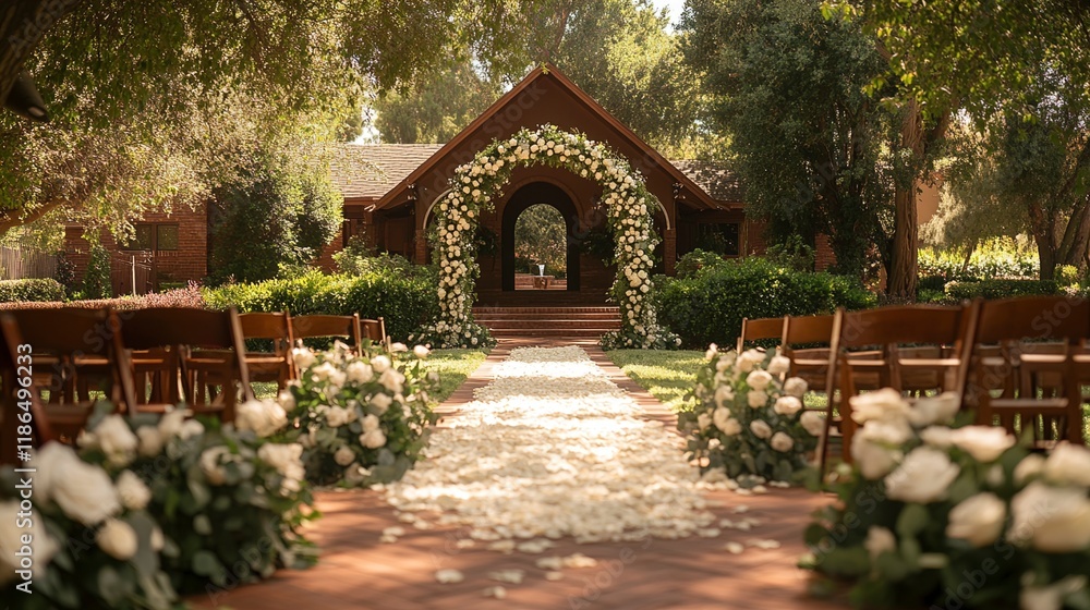 Fototapeta premium Romantic Outdoor Wedding Ceremony Venue with Flower Arch and Petal Aisle
