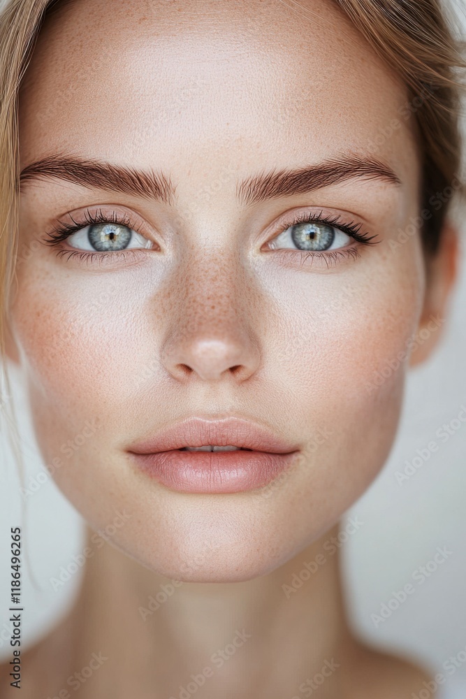 Obraz premium Close-up portrait showcasing flawless skin and captivating blue-green eyes of a young woman in natural light at a neutral backdrop