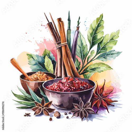 Watercolor Illustration of Aromatic Herbs and Spices