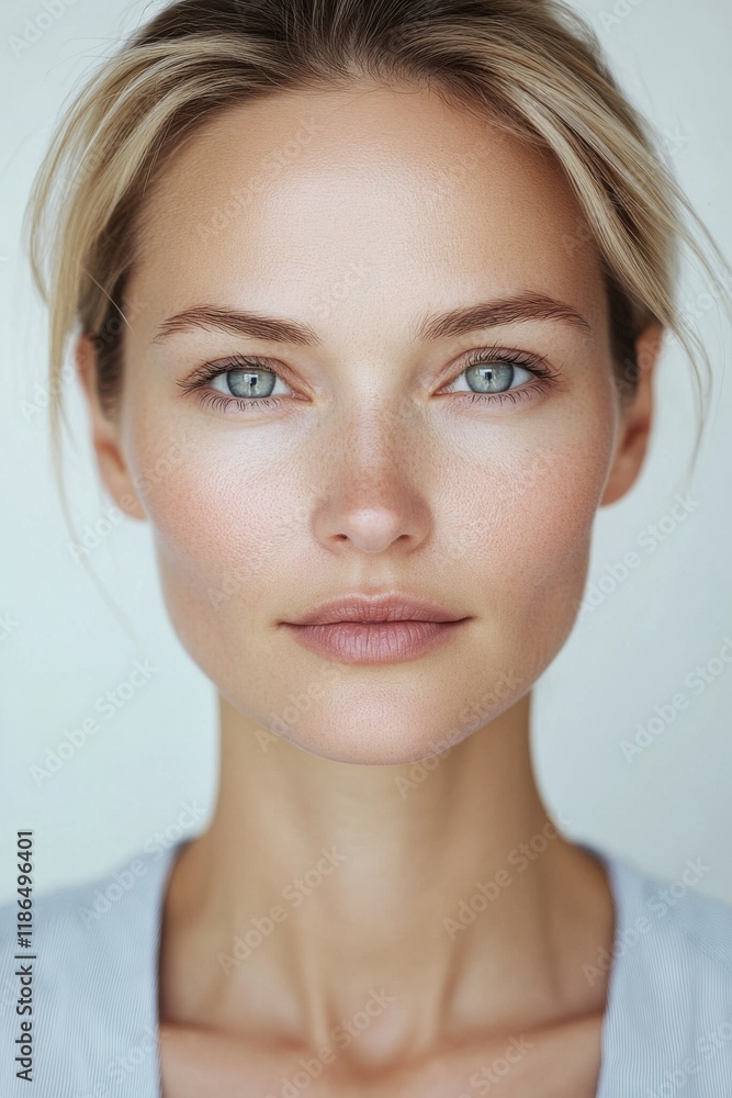 Woman with captivating blue eyes and natural makeup poses confidently against a neutral background, highlighting her beauty and serene expression Woman with captivating blue eyes and natural makeup poses confidently against a neutral background, highlighting her beauty and serene expression