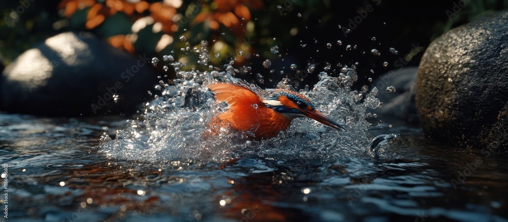 Fototapeta premium Kingfisher diving into water, splashing. (2)