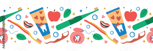 Dental care seamless border. Various tools for dental and oral health. Flat vector illustration in clip art style. For a dentistry website, business card design, packaging