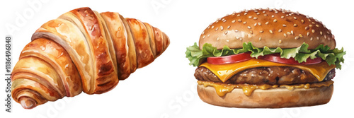 Delicious croissant, juicy hamburger, vibrant colors, food illustration, appetizing design, culinary art, breakfast and lunch.