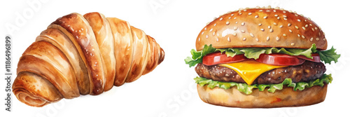 Delicious croissant, juicy burger, watercolor illustration, food art, culinary design, vibrant colors, appetizing visuals.