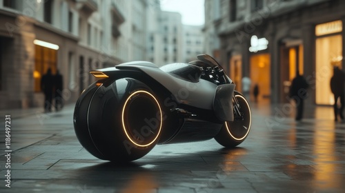 A futuristic motorcycle with radiant tires stands prominently on a vibrant city street under the soft glow of twilight. The sleek design captures the essence of advanced mobility photo