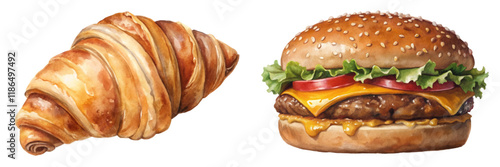 Delicious croissant, juicy hamburger, food illustration, culinary art, appetizing snacks, breakfast and lunch, vibrant colors.