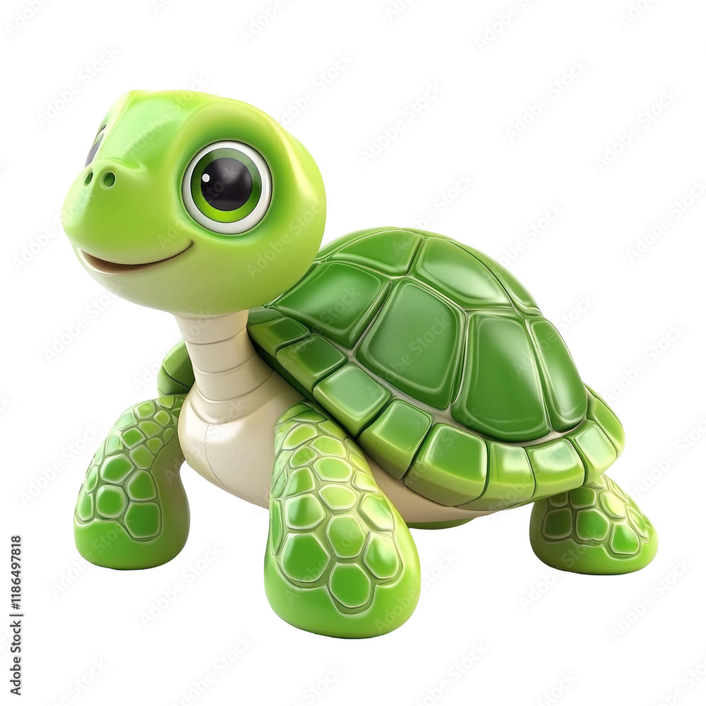 Fototapeta premium Cute Green Turtle Cartoon Character in 3D Style with Friendly Expression on transparent background
