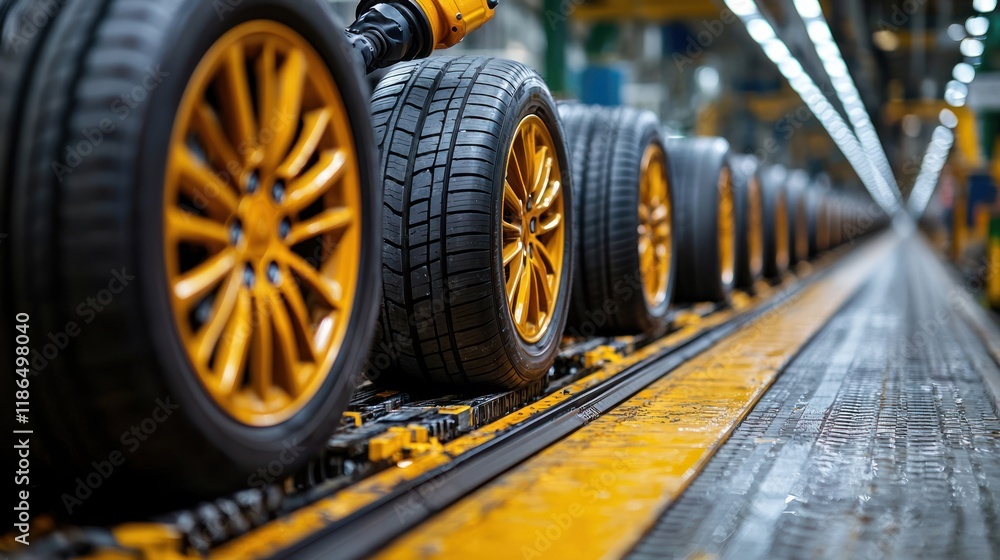 Assembly line of tires in a manufacturing facility. Assembly line of tires in a manufacturing facility.