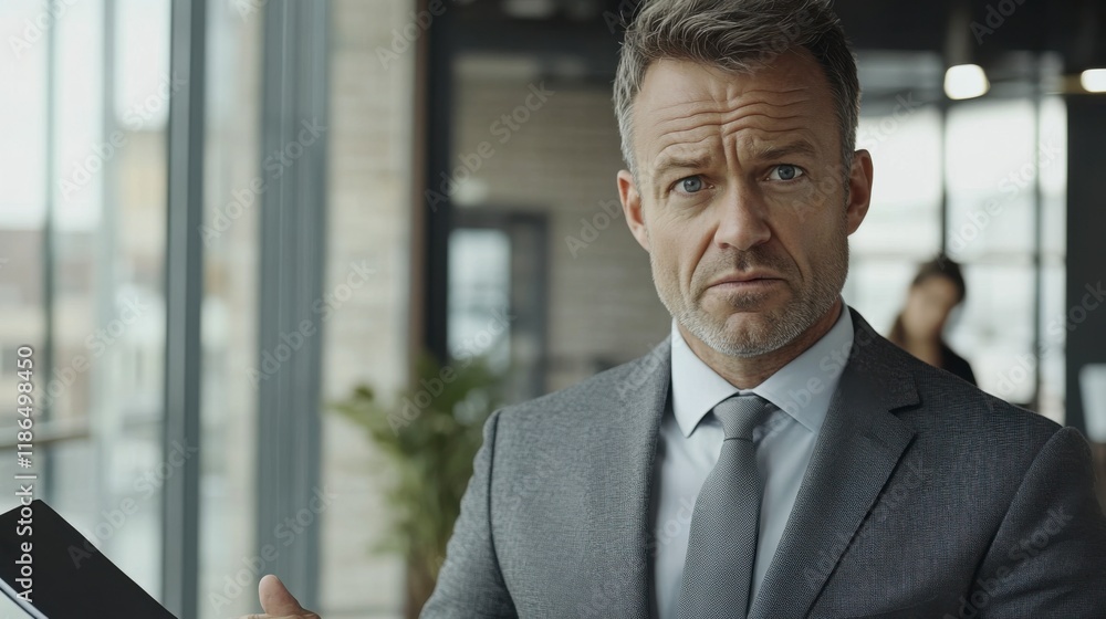 The Decision Maker: A confident, mature businessman in a sharp suit looks directly at the camera with an intense expression, holding a tablet in his hand. The Decision Maker: A confident, mature businessman in a sharp suit looks directly at the camera with an intense expression, holding a tablet in his hand.