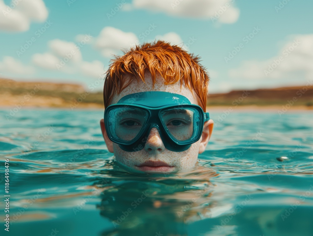 Fototapeta premium Young Boy with Red Hair in Snorkel Gear Enjoys Summer Swim