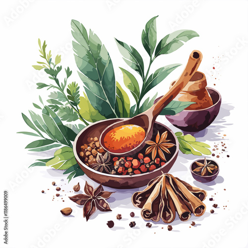 Watercolor Illustration of Aromatic Herbs and Spices