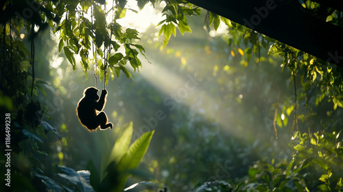 Wallpaper Mural A lush jungle with a single monkey hanging from a vine, dappled sunlight filtering through. Torontodigital.ca