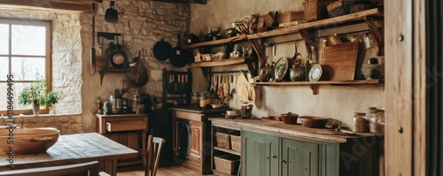 Rustic farmhouse kitchen with natural wooden elements, cozy and timeless design, warm ambiance. photo