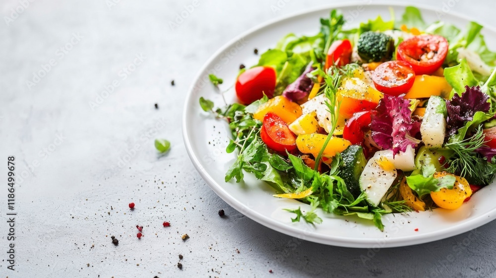 Vibrant Vegetable Salad: A colorful mix of fresh vegetables, including cherry tomatoes, bell peppers, and leafy greens, artfully arranged on a white plate, creating a healthy and appetizing image. Vibrant Vegetable Salad: A colorful mix of fresh vegetables, including cherry tomatoes, bell peppers, and leafy greens, artfully arranged on a white plate, creating a healthy and appetizing image.