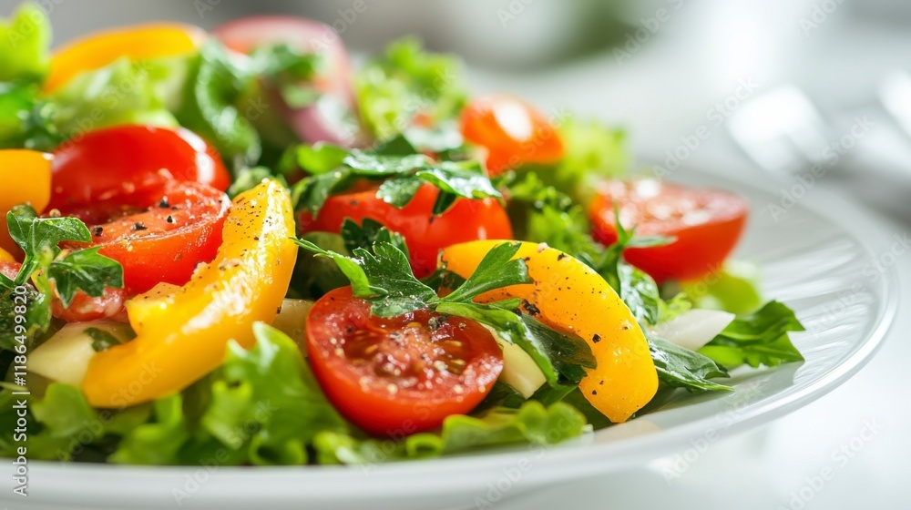 Vibrant Vegetable Salad: A close-up shot of a fresh, colorful salad brimming with ripe cherry tomatoes, vibrant bell peppers, crisp lettuce, and fragrant herbs. Vibrant Vegetable Salad: A close-up shot of a fresh, colorful salad brimming with ripe cherry tomatoes, vibrant bell peppers, crisp lettuce, and fragrant herbs.