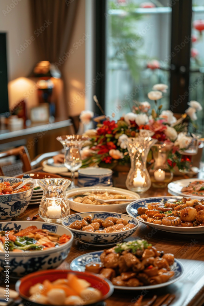 Chinese New Year celebration, serene family dinner setting, traditional dishes on the table, warm lighting, harmonious atmosphere Chinese New Year celebration, serene family dinner setting, traditional dishes on the table, warm lighting, harmonious atmosphere