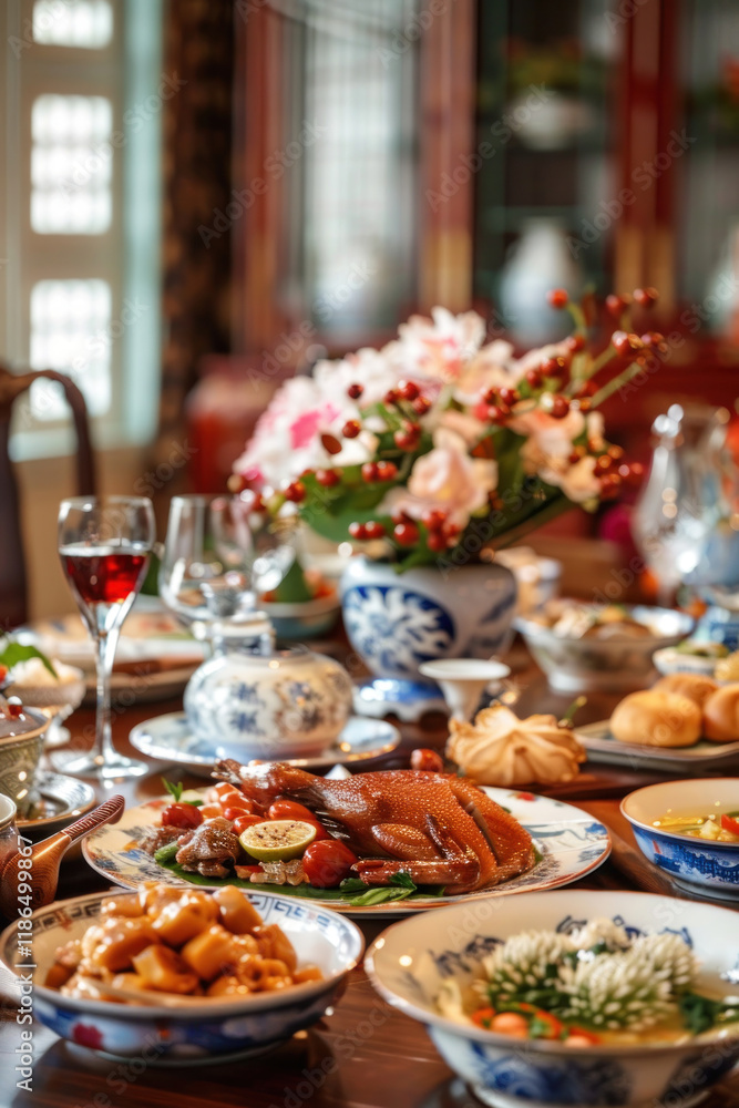 Chinese New Year celebration, serene family dinner setting, traditional dishes on the table, warm lighting, harmonious atmosphere Chinese New Year celebration, serene family dinner setting, traditional dishes on the table, warm lighting, harmonious atmosphere
