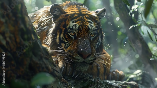 The Javan tiger, a now-extinct subspecies of tiger, once roamed the dense forests and grasslands of Java, Indonesia. Known for its smaller size and slender build, it had striking orange fur with bold  photo