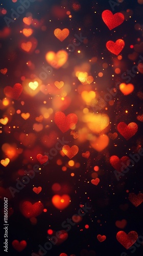 Blurred glowing heart bokeh scattered over a muted lilac background, perfect for romantic themes, book illustration style