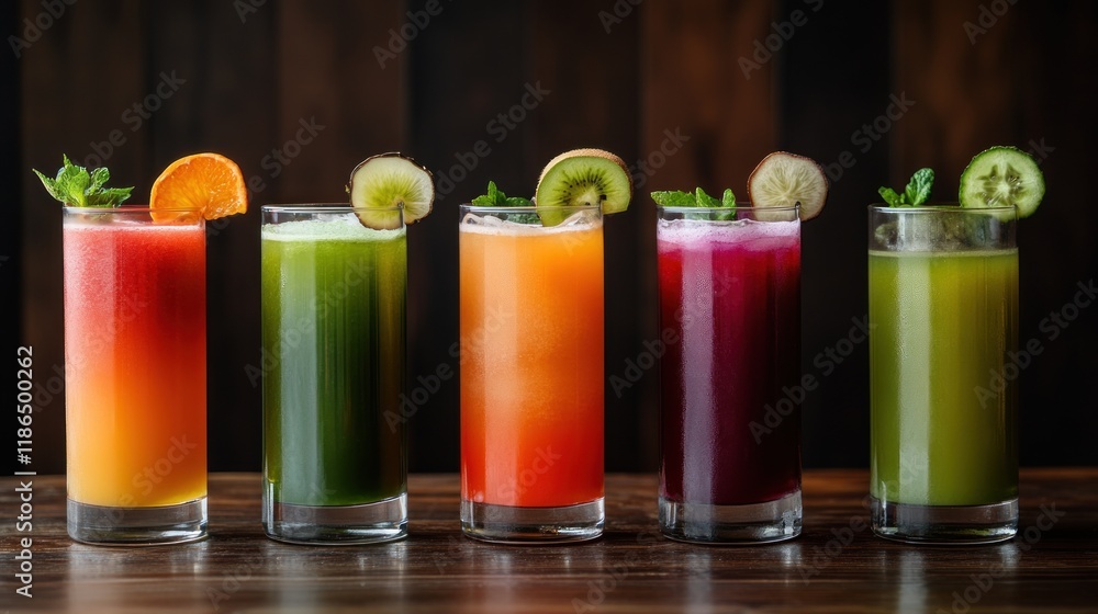 Fototapeta premium Five colorful fruit and vegetable juices in tall glasses on a wooden surface.