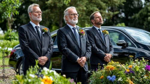 Family gathers for a solemn farewell at a serene outdoor memorial service for a loved one in the vibrant spring garden photo