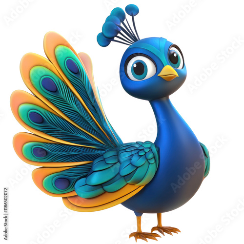 Colorful 3D Cartoon Peacock Icon on transparent background for Creative Projects and Designs