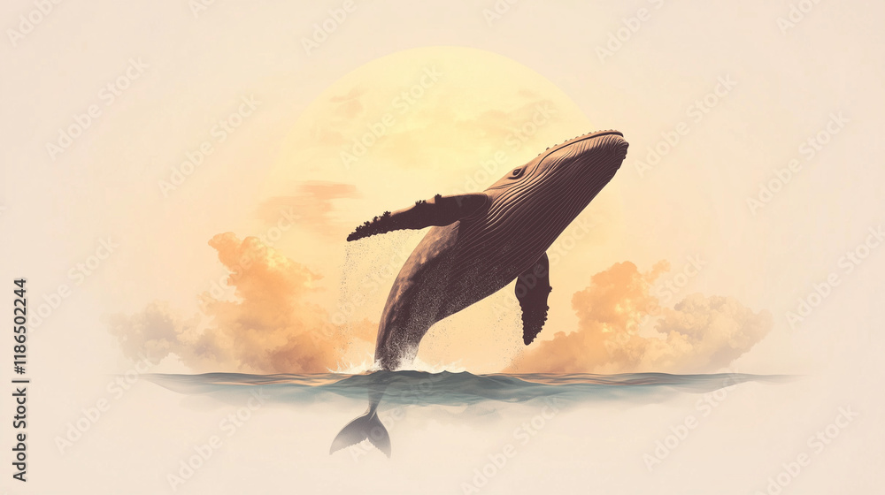 Naklejka premium A majestic whale breaching the ocean surface under a clear blue sky, minimalist.
