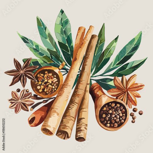 Watercolor Illustration of Aromatic Herbs and Spices