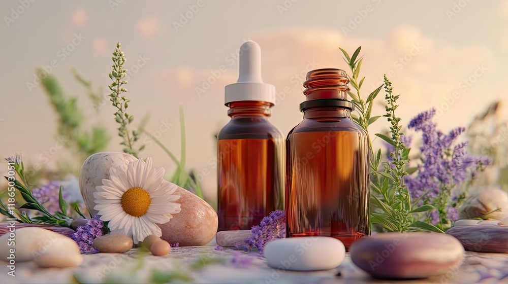 Two Amber Bottles of Essential Oil with Daisies and Lavender Two Amber Bottles of Essential Oil with Daisies and Lavender