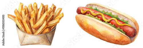 Delicious fast food, crispy French fries, classic hot dog, vibrant watercolor style, appetizing food illustration.