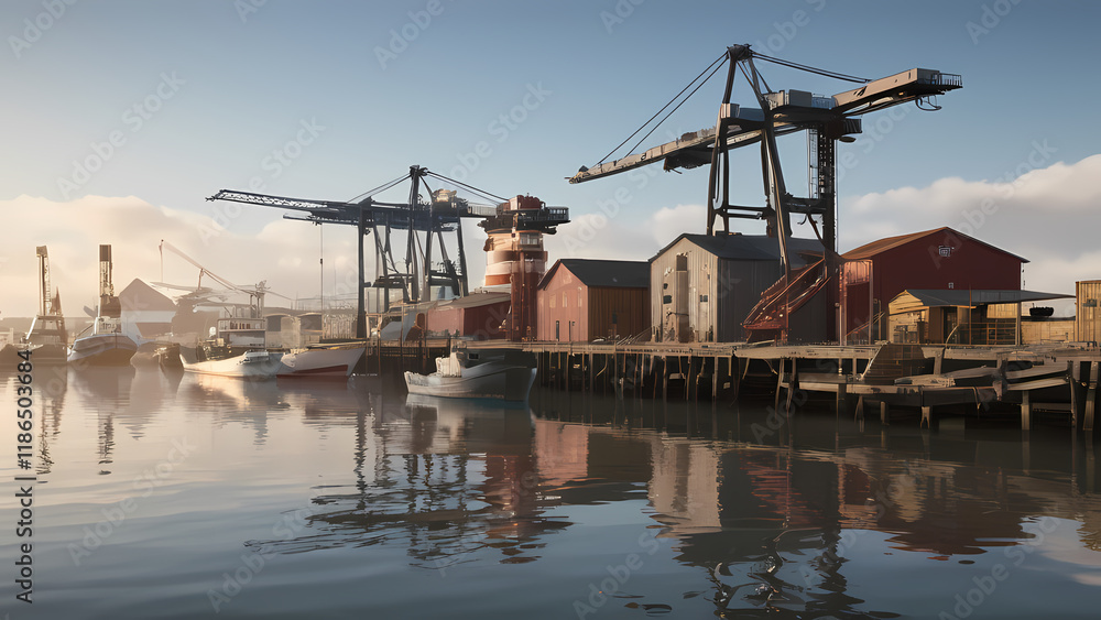 a detailed and realistic image of a harbor environment. a detailed and realistic image of a harbor environment.