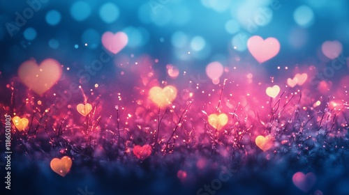 Blurred soft heart-shaped lights glowing on a deep crimson background, offering a warm romantic tone, book illustration style