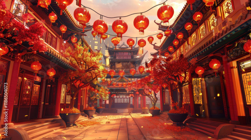 Chinese New Year decorations, vibrant festival with red and gold lanterns, traditional Chinese architecture, celebratory atmosphere, detailed design elements photo