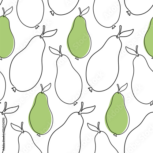 Minimalistic One-Line Pear Pattern with Green Accents on a White Background