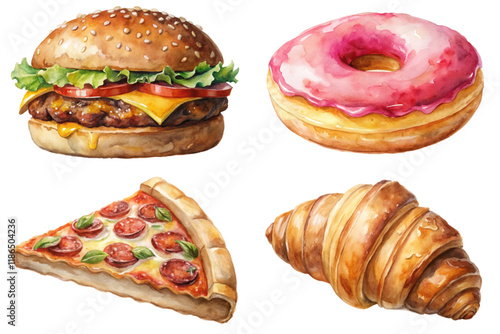 Delicious fast food, colorful watercolor style, burger and donut, pizza slice, flaky croissant, appetizing treats.
