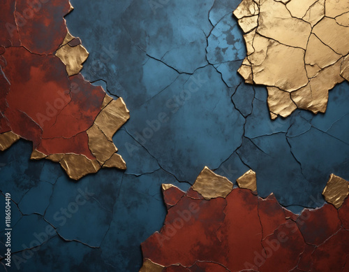 An abstract background with a textured, cracked surface resembling aged metal, primarily featuring a deep rust-red color 