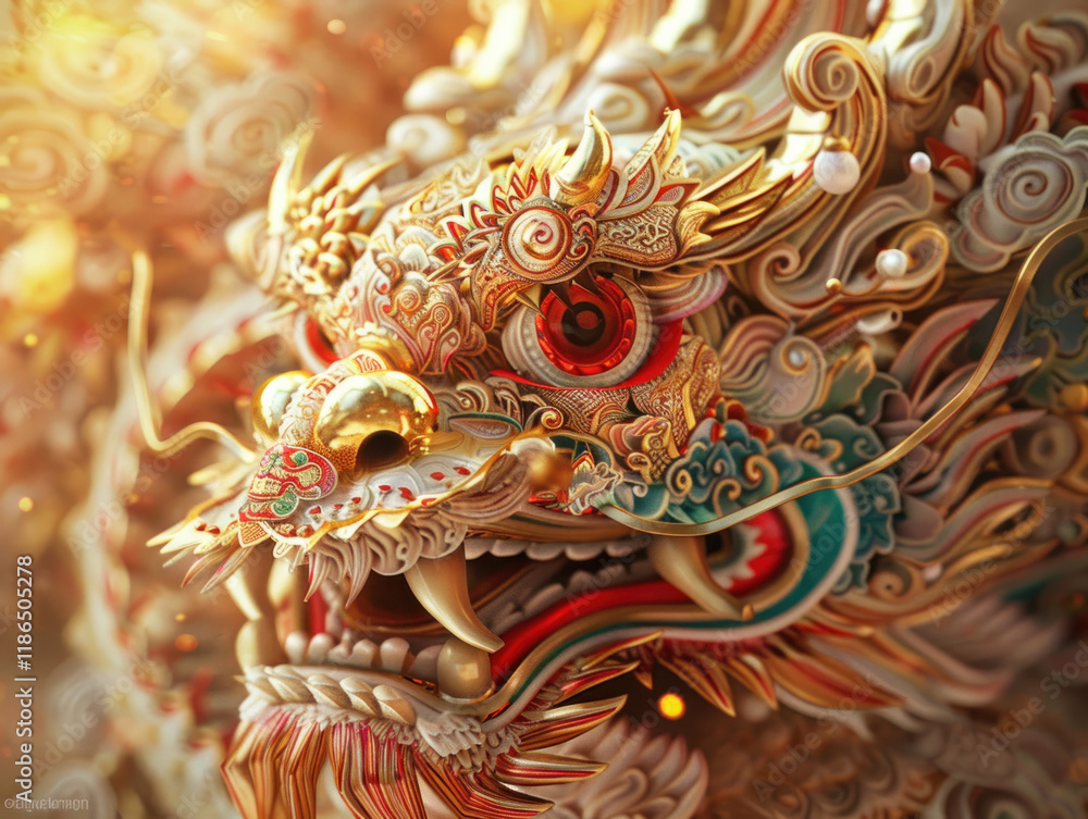 Naklejka premium Chinese New Year dragon dance, detailed close-up of traditional Chinese decorations, intricate patterns, rich textures, warm golden lighting