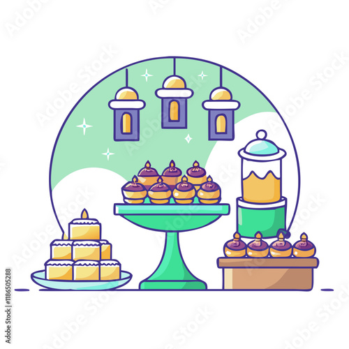 eid dessert table vector icon, eid al-fitr vector illustration - simple illustration of eid dessert table perfect for logos, and eid al-fitr-themed designs.