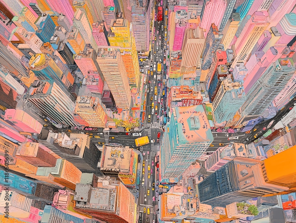Obraz premium Vibrant aerial view of a city intersection, showcasing colorful buildings and bustling streets. Perfect for urban, travel, and cityscape themes.