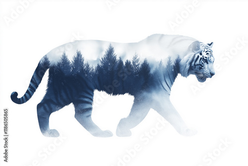 double exposure  silhouette of a white Usuri tiger and blue snowy taiga World Wildlife Day Poster Design photo